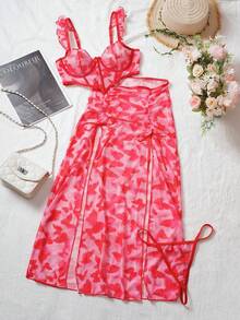 3pcs Set: Luxury Mature Charm Ruffle Strap Sexy Sheer Blouse + Front Ribbon Bow Side High Slit Skirt + Thong