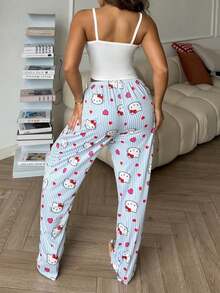 Sanrio 2 件套 Hello Kitty 印花女式吊带短款上衣 + 松紧腰直筒裤睡衣套装 - 藍色 - 查看 6