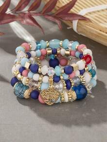 4 Pieces/Set Girls Bohemian Multi-Layer Elastic Crystal Love Tassel Simple Versatile Mother's Day Gift Bracelet