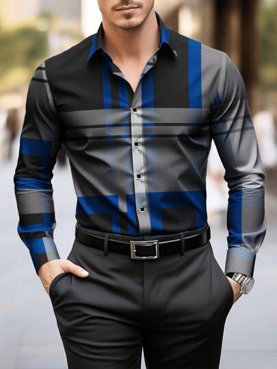 Men's Classic Fashion Designed Gray Blue Long Sleeve Single-Breasted Collar Shirt, With Grid Striped Pattern Details, Suitable For Spring, Summer, Autumn, Mature Style Fits Office Business Casual And Formal Occasions, Fall