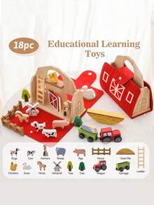 DIY Wooden Family Farm Barn Set - Includes Animals And Farmers | FSC Wood | Montessori Friendly Toys | Early Childhood Education Cognitive Animal Barn Toys, Baby Puzzle Game Farm Decorations, Fun Stacking Toys, Wooden Building Blocks Stacking, Baby Cognitive Early Education Enlightenment Toys - Barn Toys - View 2