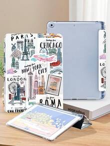 Travel Style Illustration Pattern Tablet Protective Case, Compatible With IPad 9.7/10.2/10.5/10.9/12.9/Pro 11, 10th Generation, Compatible With Samsung Galaxy Tab S6 Lite 10.4-Inch, Compatible With Kindle Paperwhite 12th Gen 2024, Kindle (11th Generation) 2022 Version, Soft Anti Fall, Intelligent Standing/Automatic Wake-Up/Sleep.