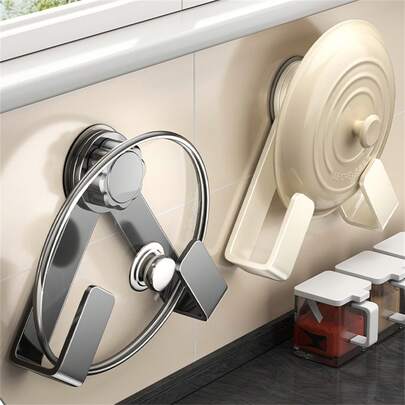 1 pieza/2 piezas/3 piezas/4 piezas Estante giratorio para tapa de olla con ventosa, estante de almacenamiento de acero al carbono sin taladro en negro/blanco/gris, adecuado para guardar tapas de ollas/tablas de cortar/artículos detrás de puertas, aplicable para cocina, baño, detrás de puertas, en todas las estaciones, instalación montada en la pared sin clavos