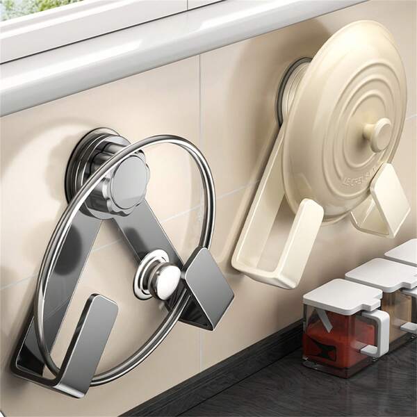 1 pieza/2 piezas/3 piezas/4 piezas Estante giratorio para tapa de olla con ventosa, estante de almacenamiento de acero al carbono sin taladro en negro/blanco/gris, adecuado para guardar tapas de ollas/tablas de cortar/artículos detrás de puertas, aplicable para cocina, baño, detrás de puertas, en todas las estaciones, instalación montada en la pared sin clavos