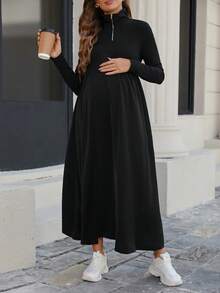 Maternity Casual Solid Color Zip-Up Collar Dress Black Spring - Black - View 2