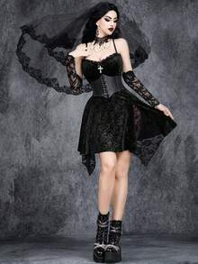 女式哥特式性感迷你万圣节蕾丝拼接不对称十字女巫天鹅绒玫瑰压花连衣裙 - 黑色 - 查看 6