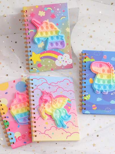Cartoon Student Coil Bound Notebook With 80 Pages, Unicorn Design, Stress Relief Memo Book , Back To School Gifts