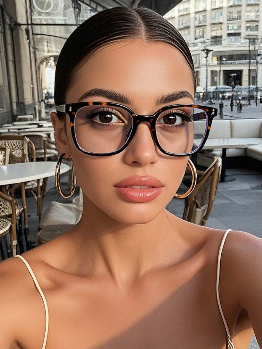 1 Pair Square Rivet Minimalist Glasses, Suitable For Computer, Gaming, TV, Smartphone, Clear Lenses, Eye Protection - Leopard Print - View 1