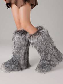 Cardigan,Women Winter Tall Boots, Warm Fashion Knee High Snow Boots, Brown Long Furry Boots, Women Shoes Style With Sweater - 灰色 - 查看 6