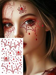 1pc Halloween Spider Shaped Face Rhinestone Sticker, Red Black White Cosplay Glitter Sticker, Can DIY Bat Blood Tear Makeup, Suitable For Party, Holiday Entertainment Decoration, Horror Theme Costume, Performance Makeup, Unisex - Multicolor - View 8