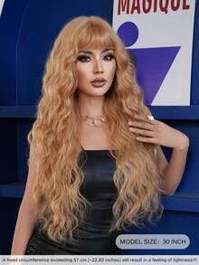 7JHH WIGS Dark Blonde Wig Loose Extra Long Wavy Wigs For Women, Bronze Golden Synthetic Wave Curly Wig With Bangs, Silky Soft Heat Resistant Fiber Hair For Daily Wear, Music Festivals Celebrations Party Use 30 Inch - 黃色 - 查看 3