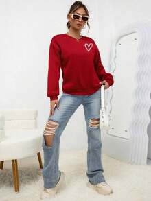 2026 TopsINAWLY Heart Print Drop Shoulder Sweatshirt,Ladies Spring/Fall Casual Long Sleeve Round Neck Loose Regular Green Drop Shoulder Pullovers Women Hoodies,Long Sleeve Tops Graduation,Back To School Fits,Graduation,Teacher Fits For Women,Back To SchoolLoose And Comfortablewinter Clothes For Women - Đỏ - Xem 5