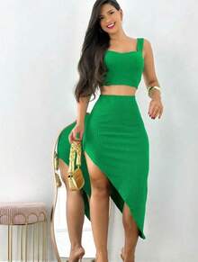 Women's Cropped Set And Skirt With Anaruga Slit - màu xanh lá - Xem 1