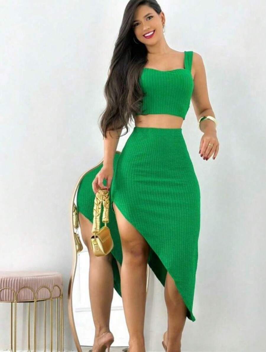 Women's Cropped Set And Skirt With Anaruga Slit - màu xanh lá - Xem 1