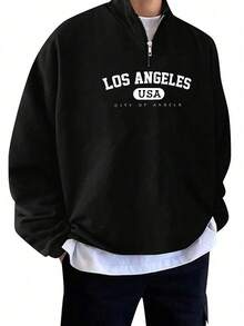 加大码男士字母印花四分之一拉链长袖宽松休闲卫衣，秋冬款