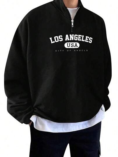 加大码男士字母印花四分之一拉链长袖宽松休闲卫衣，秋冬款