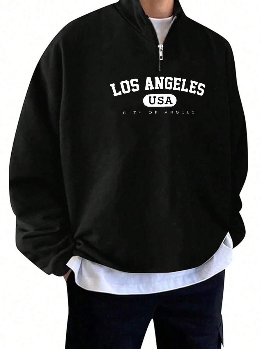 加大码男士字母印花四分之一拉链长袖宽松休闲卫衣，秋冬款