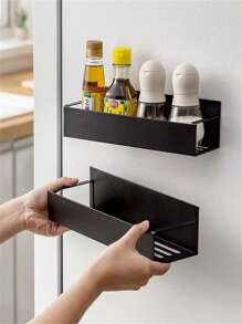 1pc Metal Magnetic Storage Shelf, Refrigerator Door Mounted Storage Shelf, Spice Shelf, Magnetic Washing Machine Storage Shelf, Suitable For Refrigerator, Washing Machine, Cabinet Side Storage, No Drilling Or Glue Required, Practical Shelf For Kitchen Bathroom Accessories And Storage Supplies