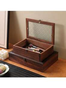 صندوق تخزين خشبي بني كلاسيكي للمكتب، صندوق تخزين المجوهرات، خزانة عرض كلاسيكية، صينية تخزين المستحضرات التجميلية والمجوهرات مع درج، صندوق تخزين متنوع على الطراز الشمالي للمكتب، يستخدم لتخزين المجوهرات والقلادات ومستحضرات التجميل والنقود المعدنية والدفتر (سطح القطع الزجاجي غير ثابت)