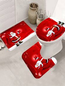 1/4pcs Christmas Red Christmas Theme Poster Full Of Holiday Santa Toilet U-Shaped Pad, Toilet Seat Pad, Bathroom Decoration, Bathroom Shower Curtain Set, Shower Curtains For Walk In Showers, With 12 Hooks,Suitable For Bathroom/Room/Home/Living Room Decoration.