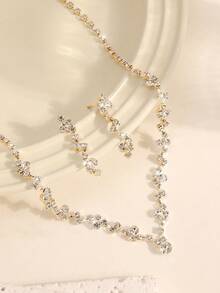 4件套优雅时尚婚礼首饰套装，包括项链、耳环和手链，镶钻新娘婚礼首饰套装，适合新娘、伴娘、正式场合及情人节配饰 - 金色 - 查看 5