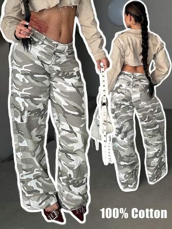 美式嘻哈灰白迷彩休闲裤小众设计高端裤型嘻哈直筒牛仔裤