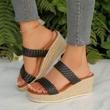 Womens High Heel Open Toe Wedge Sandals Slip On Comfortable Espadrilles Braided Straps Dressy Summer - màu đen - Xem 5