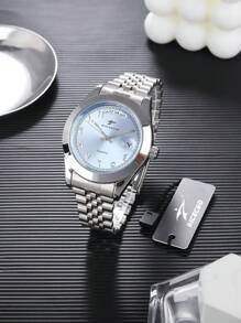 RICECGO Men's Classic Quartz Watch, Round Dial, Calendar Display, Stainless Steel Strap, Suitable For Daily Wear, Ideal For Birthday Gifts And Student Supplies - Silver - View 1