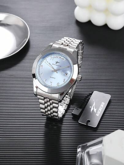  RICECGO 男士经典石英表，圆形表盘，日历显示，不锈钢表带，适合日常佩戴，是生日礼物和学生用品的理想之选。