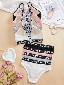 4SETS Romantic Ribbed Bra And Panty Set, Comfortable Wireless, Simple And Casual, Adjustable Shoulder Straps, Sporty Women's Lingerie Set - Multicolor - View 3
