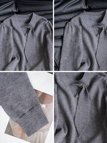 Grey Ribbon Sleeve Hollow Out Knit Sweater For Women, Soft Base Layer, Commuter Style, Autumn/Winter