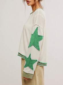 Women Oversized Long Sleeve Star Striped Sweatshirt Y2k Drop Shoulder Pullover Tops Fall Casual Loose Shirts - 綠色 - 查看 2