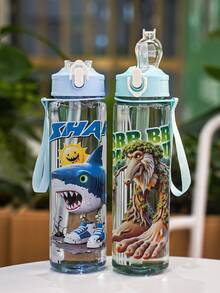 1pc 750ml/26oz Shan Hai Jing Themed Transparent Straw Sports Water Bottle, With Carrying Strap For Easy Transport, Leak-Proof Design, Lightweight & Durable, Suitable For Running, Cycling, Hiking, Holiday Gift