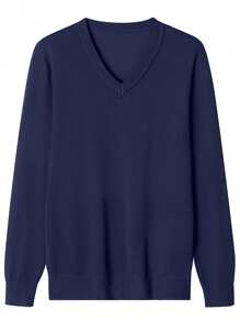 Men's Casual Solid Color V-Neck Pullover Sweater, Navy Blue, Autumn/Winter, Long Sleeve Top