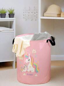1 pieza Cesta de almacenamiento redonda plegable de gran capacidad con asa, estampado de poni de dibujos animados, cesta de almacenamiento multiusos para guardería, pañales de bebé, ropa, juguetes y accesorios