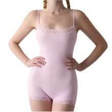 Lace Bodysuit Set – Spaghetti Strap V-Cut And Shorts Style, Soft Stretch Fabric, Pink & Black - 平克B - 查看 4