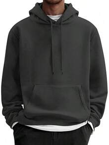 Men Cotton Fleece Hooded Sweatshirt Casual Long Sleeve Hoodies Pullover Fashion Drawstring Hoodie With Kanga Pocket - 深灰色 - 查看 1