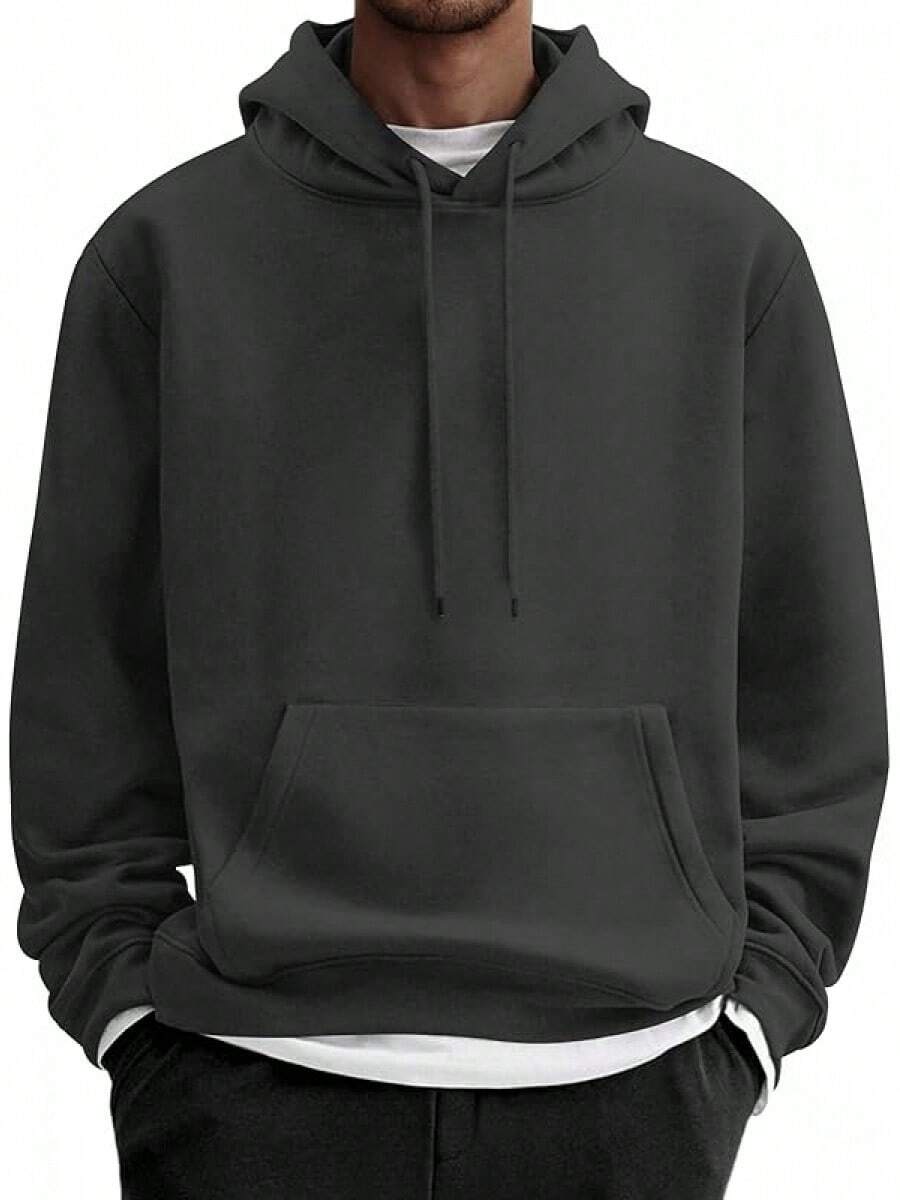 Men Cotton Fleece Hooded Sweatshirt Casual Long Sleeve Hoodies Pullover Fashion Drawstring Hoodie With Kanga Pocket - 深灰色 - 查看 1