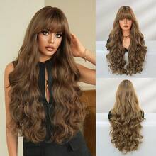 7JHH WIGS Brown Highlight Wigs Loose Extra Long Wavy Wigs For Women, Synthetic Wave Curly Wig With Bangs, Silky Soft Heat Resistant Fiber Hair For Daily Wear, Music Festivals Celebrations Party Use 30 Inch - 亞麻棕 - 查看 10