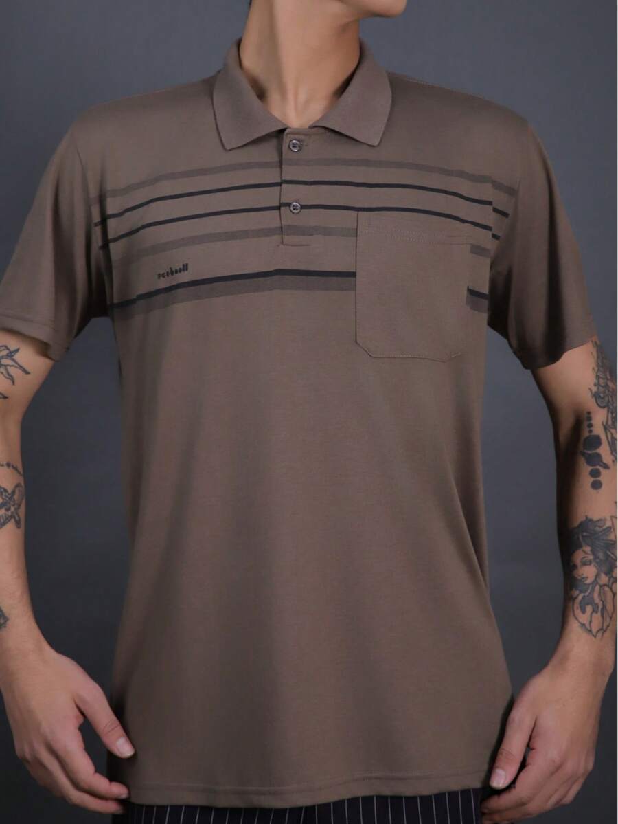 Men's Multicolored Cotton Polo Shirt - 咖啡棕 - 查看 1