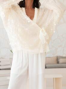 Women's Sequin Cardigan V Neck Front Wrap Tie Long Sleeve Beachwear Sparkling Tops - trắng - Xem 6