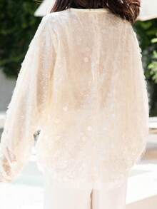 Women's Sequin Cardigan V Neck Front Wrap Tie Long Sleeve Beachwear Sparkling Tops - trắng - Xem 8