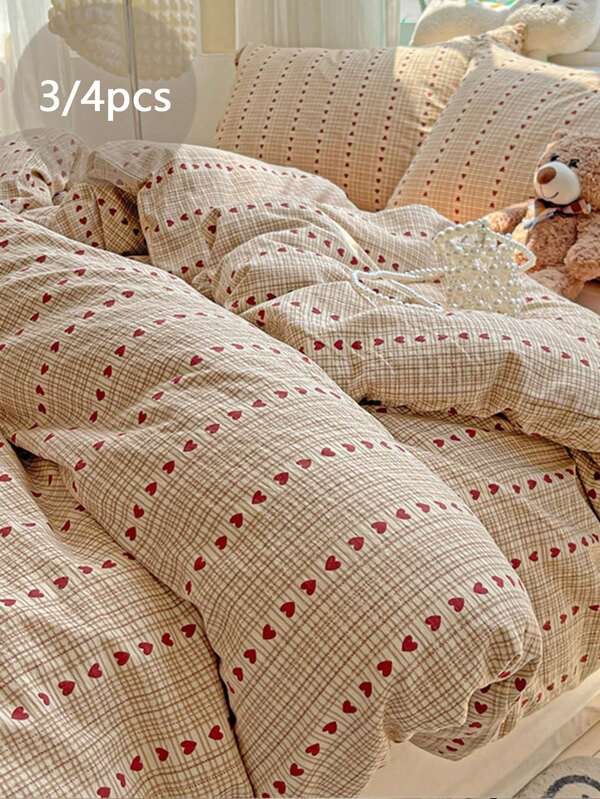 Juego de ropa de cama de 3/4 piezas, Juego de funda nórdica con estampado de corazón rojo, Juego de funda nórdica suave y fina, Funda nórdica reversible en beige, Juego de ropa de cama con estampado de líneas beige en estilo nórdico, Juego de funda nórdica en estilo bohemio, Ropa de cama lavable, Adecuado para el Día de San Valentín y uso diario (Incluye 1 funda nórdica, 1 sábana, 1 o 2 fundas de almohada, excluye los rellenos)