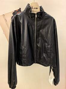 Women's Solid Black PU Leather Jacket, Stand Collar Zipper Pockets For Daily Commute & Outdoor Wear, Elastic Cuffs, Lined, Retro Regular Fit, New Spring/Autumn/Winter Coat