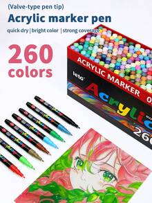 1pc 260 Colors Acrylic Marker Pens, Thin Tip, Waterproof, Odorless, Stackable, Art Brush, Suitable For Colored Pencil Markers, Painting Stationery, School Supplies, For Artists Painting Brush, Used For Making Christmas, Thanksgiving, New Year Gifts, Easter Eggs, Holiday Gifts, Card Making, Metal, Ceramic, Wine Glass, Halloween Decoration Graffiti Pens
