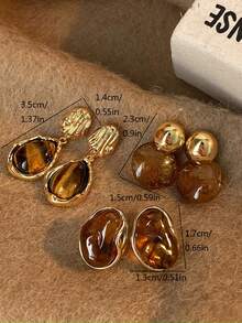 3 Pairs Vintage Amber Asymmetrical Water Drop Geometric Stud Earrings, Minimalist Design, High-End Minimalist Style Earrings Set, Suitable For Women's Daily And Festival Wear, Autumn/Winter - Set a - View 8