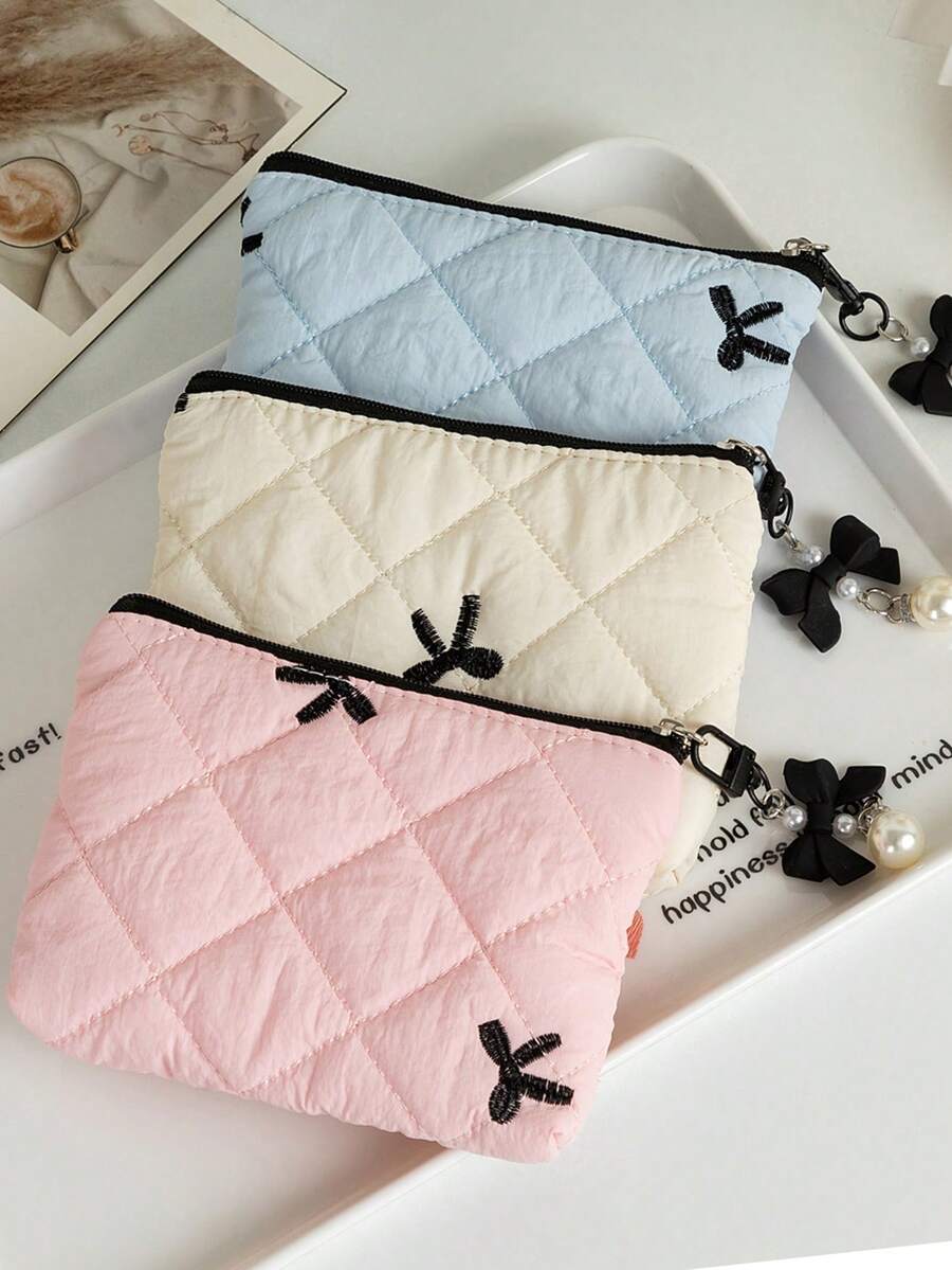 蝴蝶结绗缝口红收纳袋，女孩化妆品整理包，耳机线收纳包 - 彩色 - 查看 1