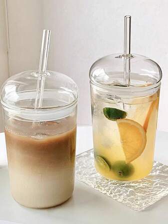 450 ml genomskinlig glasmugg med lock och sugrör, glasmugg för juice/dryck/kaffe, minimalistisk vattenmugg