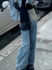 Ombre Blue Wide Leg Jeans For Women, Unique Versatile Casual Straight Leg Maxi Pants - Medium Wash - View 2