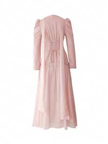 2pcs Set: Elegant Solid Color Square Neck Puff Sleeve Maxi Dress + 1 Scarf, Suitable For Wedding Banquet, All Seasons